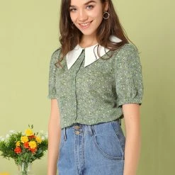 Allegra K Women's Turndown Collar Bubble Sleeves Button Up Floral Top Blouse