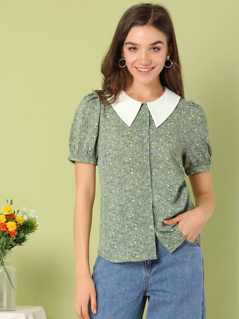 Allegra K Women's Turndown Collar Bubble Sleeves Button Up Floral Top Blouse 5 Allegra K Women's Turndown Collar Bubble Sleeves Button Up Floral Top Blouse