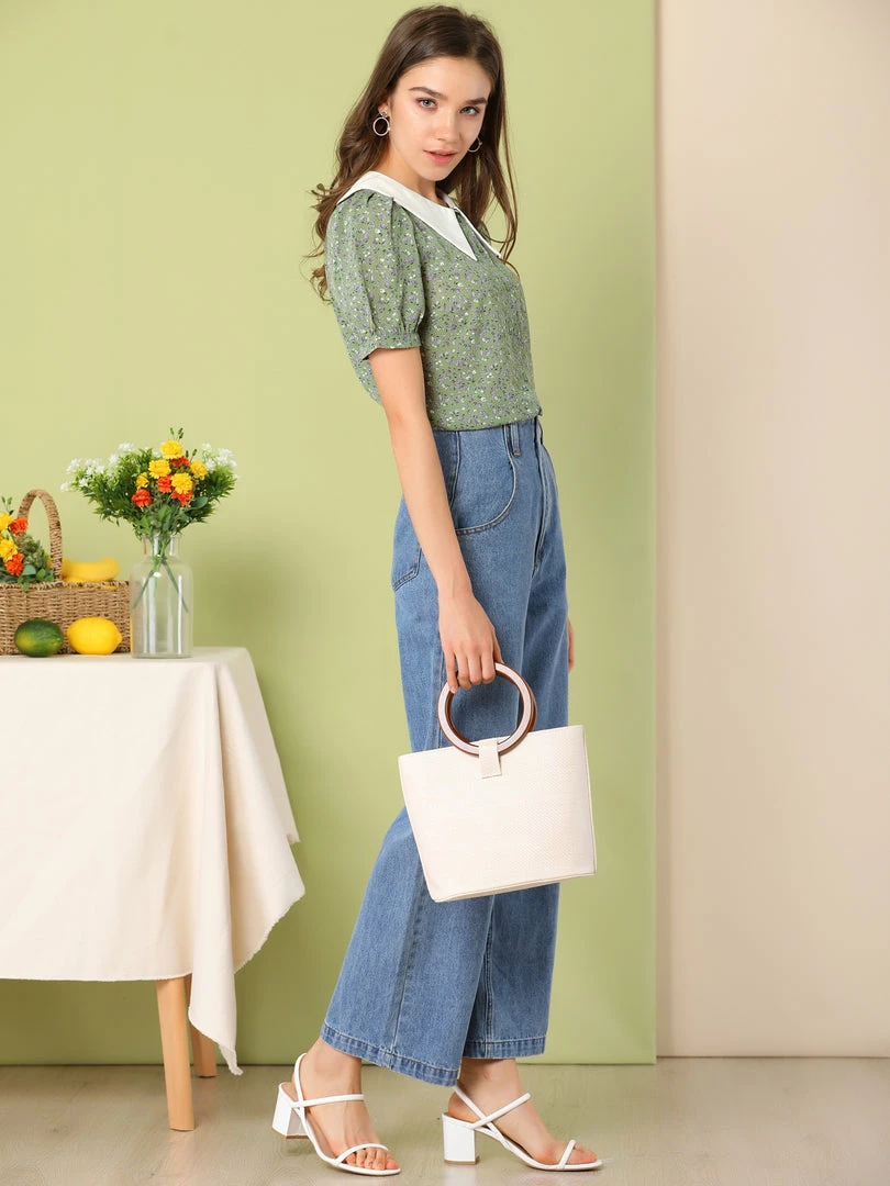 Allegra K Women's Turndown Collar Bubble Sleeves Button Up Floral Top Blouse 6 Allegra K Women's Turndown Collar Bubble Sleeves Button Up Floral Top Blouse