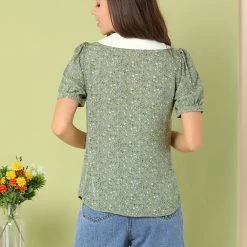 Allegra K Women's Turndown Collar Bubble Sleeves Button Up Floral Top Blouse 18 Allegra K Women's Turndown Collar Bubble Sleeves Button Up Floral Top Blouse