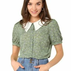 Allegra K Women's Turndown Collar Bubble Sleeves Button Up Floral Top Blouse