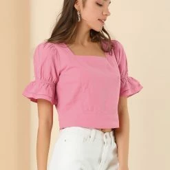 Allegra K Women's Square Neck Crop Tops Ruffle Puff Short Sleeve Tie Back Summer Blouses
