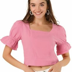 Allegra K Women's Square Neck Crop Tops Ruffle Puff Short Sleeve Tie Back Summer Blouses