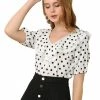 Allegra K Women's Ruffle Neck Short Sleeve Lace Splicing Vintage Polka Dots Blouse