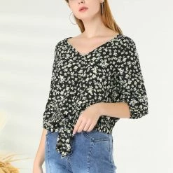 Allegra K Women's Floral Crop V Neck Button Down Elastic Cuff Tie Front Top Shirt