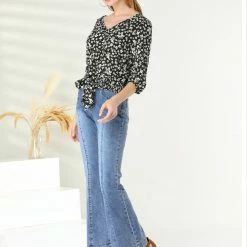 Allegra K Women's Floral Crop V Neck Button Down Elastic Cuff Tie Front Top Shirt