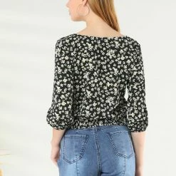 Allegra K Women's Floral Crop V Neck Button Down Elastic Cuff Tie Front Top Shirt