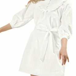 Allegra K Women's Puff Sleeve Ruffle Yoke Half Placket Straight Belted Peasant Dress