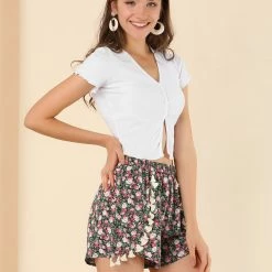 Allegra K Women's Casual Elastic Waist Tassel Summer Beach Floral Shorts