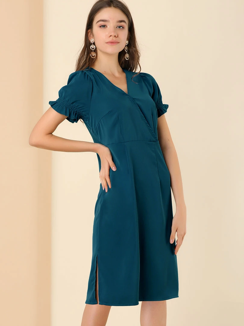 Allegra K Women's Casual A-Line Short Puff Sleeves Summer V Neck Dress 5 Allegra K Women's Casual A-Line Short Puff Sleeves Summer V Neck Dress