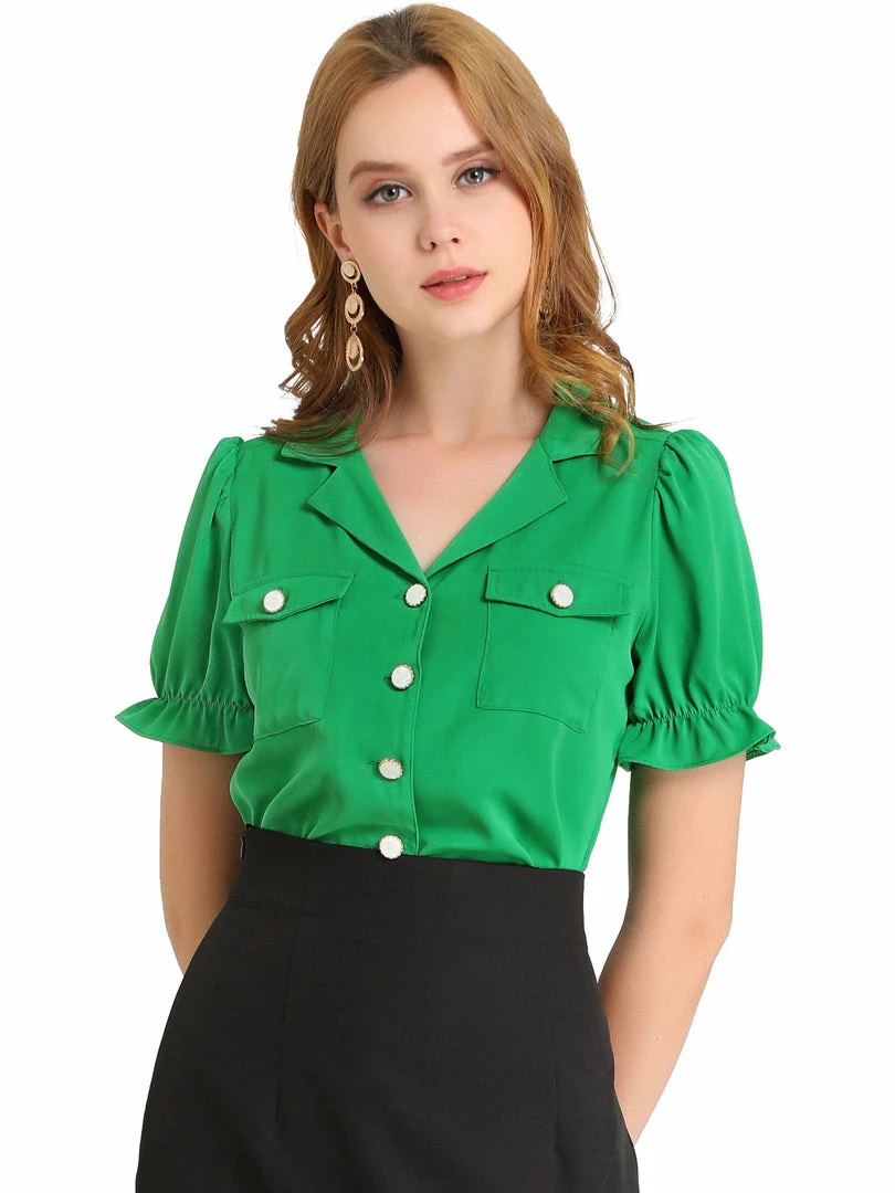 Allegra K Women’s Ruffle Short Sleeve Collar Top Casual Lapel V Neck Button Up Shirt 3 Allegra K Women’s Ruffle Short Sleeve Collar Top Casual Lapel V Neck Button Up Shirt