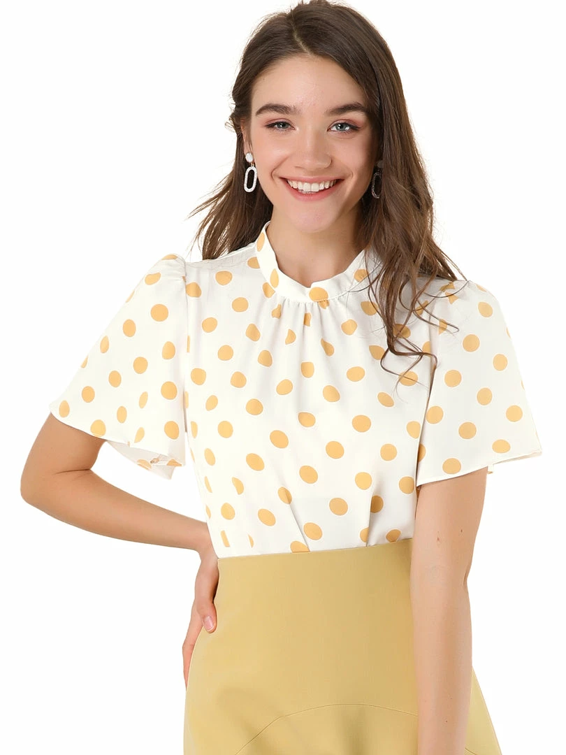 Allegra K Women's Polka Dots Stand Collar Pleat Keyhole Back Short Flare Sleeve Top 9 Allegra K Women's Polka Dots Stand Collar Pleat Keyhole Back Short Flare Sleeve Top