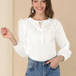 Allegra K Women's Cotton Tie Neck Blouses Long Sleeve Shirt Tops 15 Allegra K Women's Cotton Tie Neck Blouses Long Sleeve Shirt Tops