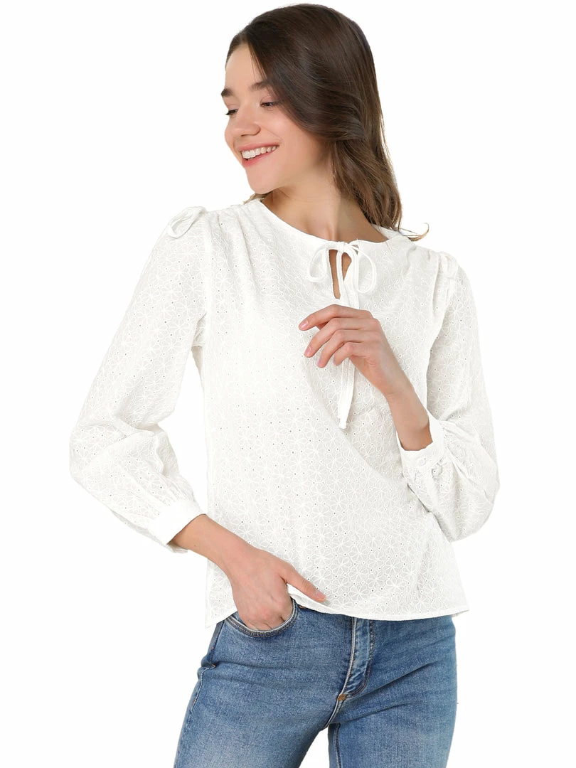 Allegra K Women's Cotton Tie Neck Blouses Long Sleeve Shirt Tops 3 Allegra K Women's Cotton Tie Neck Blouses Long Sleeve Shirt Tops