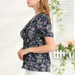 Allegra K Women's Floral Print V Neck Rufle Button Up Puff Short Sleeves Blouse Top