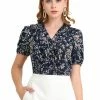 Allegra K Women's Floral Print V Neck Rufle Button Up Puff Short Sleeves Blouse Top