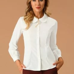Allegra K Women's Button Up Shirt Career Peter Pan Collar Long Bishop Sleeve Blouse