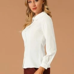 Allegra K Women's Button Up Shirt Career Peter Pan Collar Long Bishop Sleeve Blouse