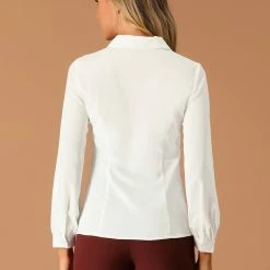 Allegra K Women's Button Up Shirt Career Peter Pan Collar Long Bishop Sleeve Blouse