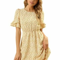 Allegra K Women's Ruffled Short Sleeve Elastic Waist A-Line Flowy Floral Mini Dress