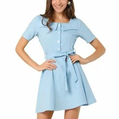 Allegra K Women's Square Neck Button Down Dress Short Sleeve Tie ShirtDress