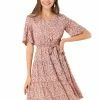 Allegra K Women's Tiered Ruffle Hem Elastic Tie Waist V Neck Bell Sleeve Floral Dress