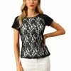 Allegra K Women's Lace Floral Trim Tops Short Sleeve Crew Neck Blouse