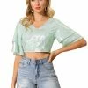 Allegra K Women's Summer Tie Back Blouse Shiny Multicolor Flare Sleeve V Neck Crop Top