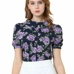Allegra K Women’s Peter Pan Collar Rose Floral Print Button Front Short Sleeve Top Shirt