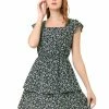 Allegra K Women's Short Sleeve Square Neck Elastic Waist Layered Floral Mini Dress