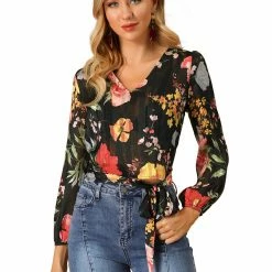 Allegra K Women's Floral Print Crop Blouse V Neck Semi Sheer Long Sleeves Tie Hem Top