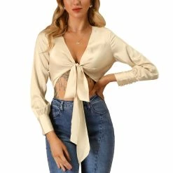 Allegra K Women's Long Sleeve Deep V Neck Self Bow Tie Knot Front Satin Crop Top