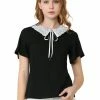 Allegra K Women's Casual Contrast Collar Keyhole Tie Short Sleeve Blouse Tops