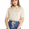 Allegra K Women's Collar Button Down Drawstring Hem Short Sleeve Basic Solid Crop Shirt