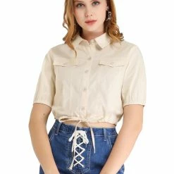 Allegra K Women's Collar Button Down Drawstring Hem Short Sleeve Basic Solid Crop Shirt