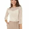 Allegra K Women’s Semi Sheer Mesh Lace Panel Round Neck Loose 3/4 Bell Sleeve Blouse Top