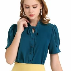 Allegra K Women's Tie Neck Short Sleeve Shirt Puff Sleeve Button Front Lace Inset Stand Collar Blouse
