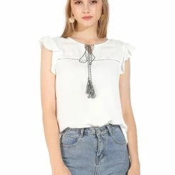 Allegra K Women's Flutter Sleeve Tassels Tie Neck Hollow-Out Front Summer Casual Ruffled Tops