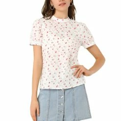 Allegra K Women's Casual Stand Collar Short Sleeve Floral Print Keyhole Back Blouse