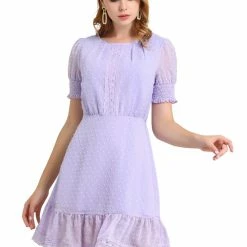 Allegra K Women's Elegant Short Sheer Sleeve Ruffle Hem Swiss Dots Chiffon Dress