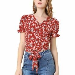 Allegra K Women's Wrap Crop Top Ruffle Short Sleeve V Neck Tie Waist Floral Blouse