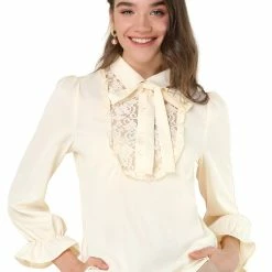 Allegra K Women's Tie Neck Blouses Turndown Collar Shirt Long Sleeve Spring Tops