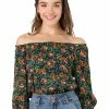 Allegra K Women's Off Shoulder Bubble Sleeve Elastic Neckline Floral Peasant Blouse