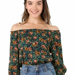 Allegra K Women's Off Shoulder Bubble Sleeve Elastic Neckline Floral Peasant Blouse