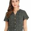 Allegra K Women's Summer Ruffle Short Sleeve Tops V Neck Button Ditsy Floral Blouse