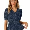 Allegra K Women's V Neck Polka Dots Blouses Short Sleeve Wrap Peplum Top