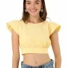 Allegra K Women's Summer Ruched Tie Front Causal Flare Sleeve V Neck Crop Top