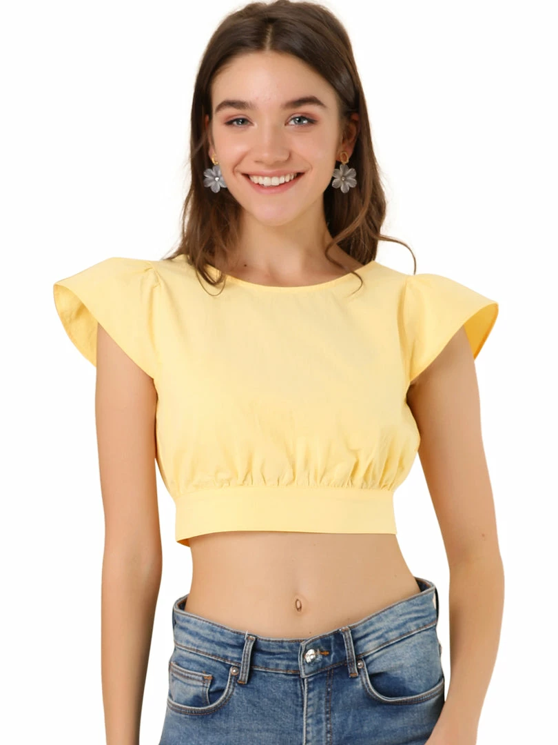 Allegra K Women's Summer Ruched Tie Front Causal Flare Sleeve V Neck Crop Top 3 Allegra K Women's Summer Ruched Tie Front Causal Flare Sleeve V Neck Crop Top