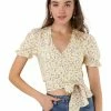 Allegra K Women's Tie Cross Front V Neck Short Bubble Sleeve Wrap Floral Crop Top