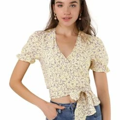 Allegra K Women's Tie Cross Front V Neck Short Bubble Sleeve Wrap Floral Crop Top
